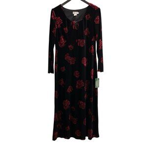 Vintage CDC Maxi Dress Women 14  Black Velvet Dark Floral Red Roses Grunge Fairy
